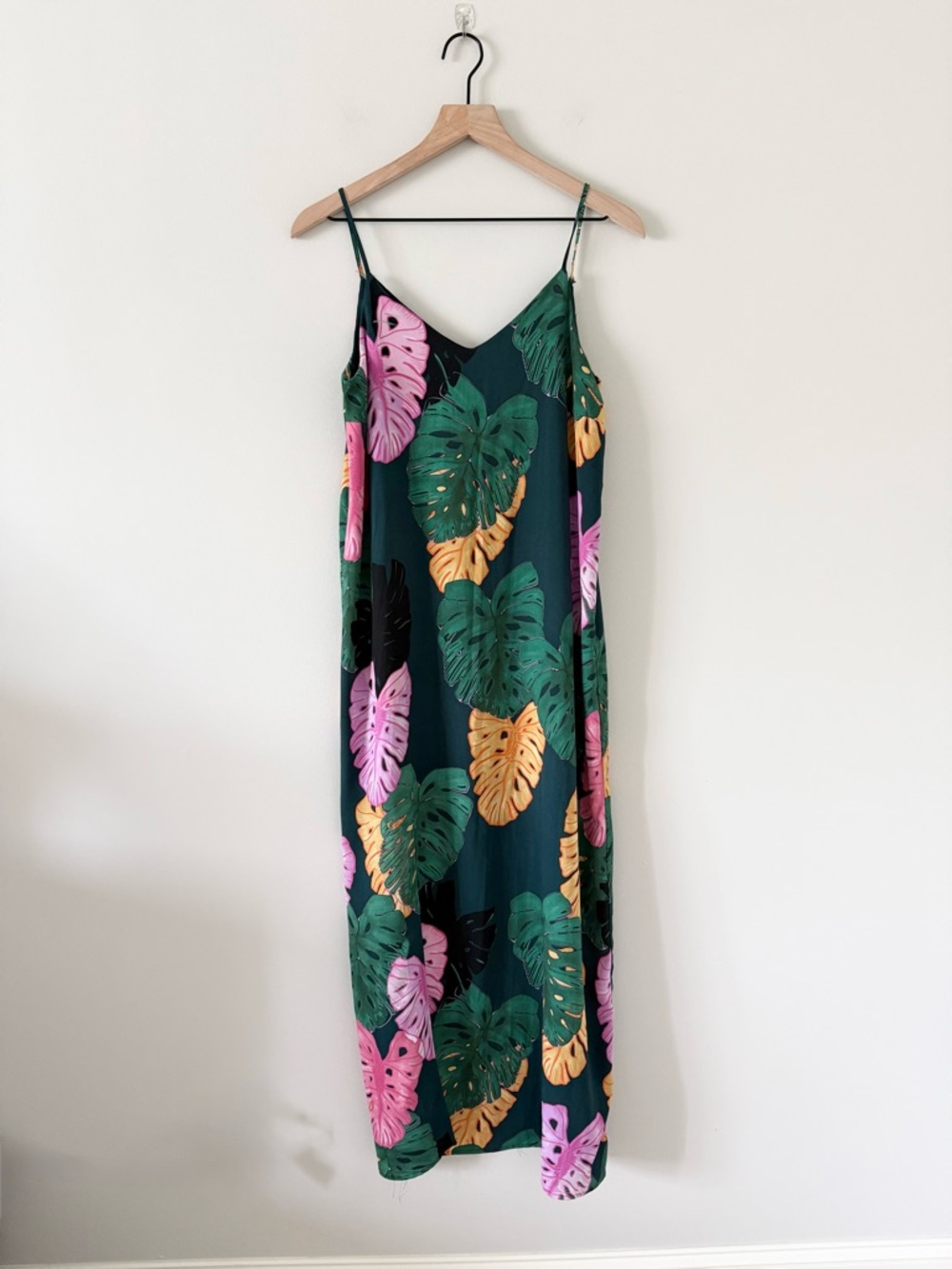 C&E Tropical Leaf Slip Dress in Dark Teal with Pink & Mustard Leaves Size S